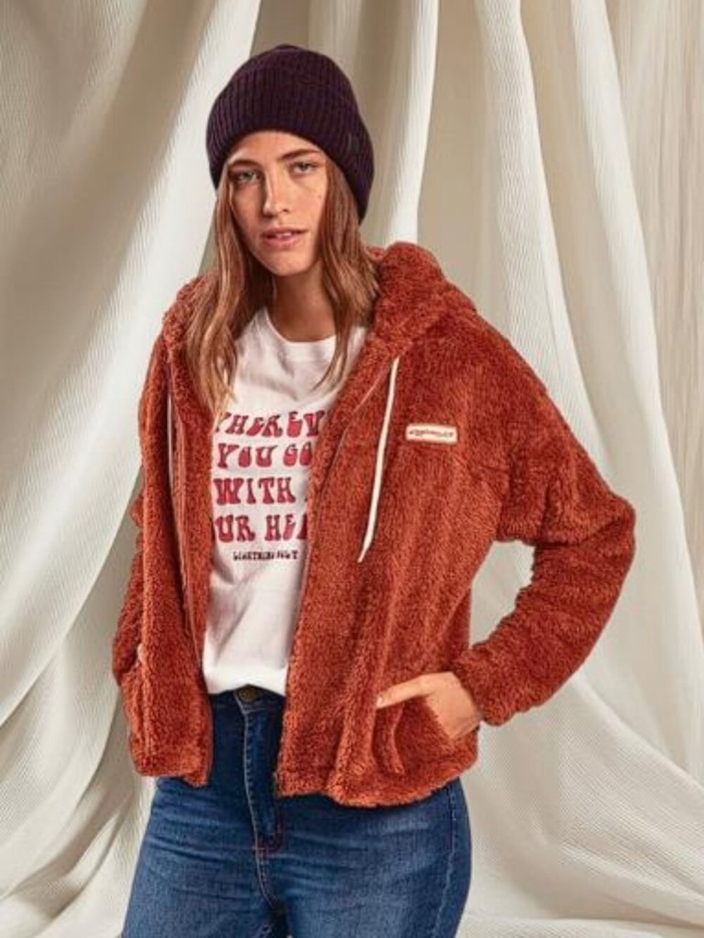 LIGHTNING BOLT Women's Cairns Sherpa Zip Up Hoodie Size S In Brick